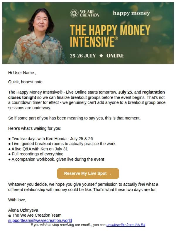 We Are Creation email: You're in! Your Happy Money Intensive in Bali confirmation