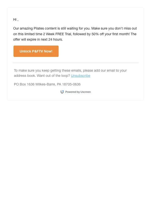 Pilates and Fitness TV email: Your 2 Week FREE Trial and 50% off your first month is expiring!