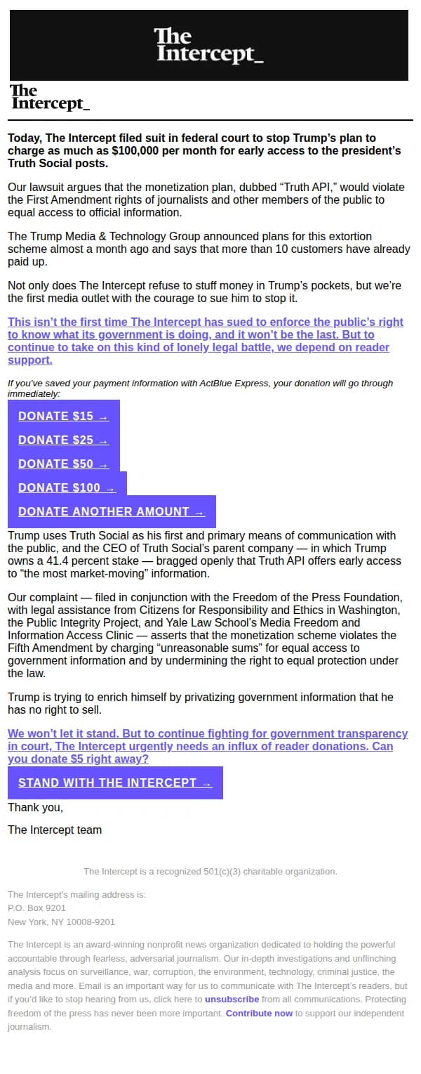 The Intercept email: BREAKING: We’re suing Trump