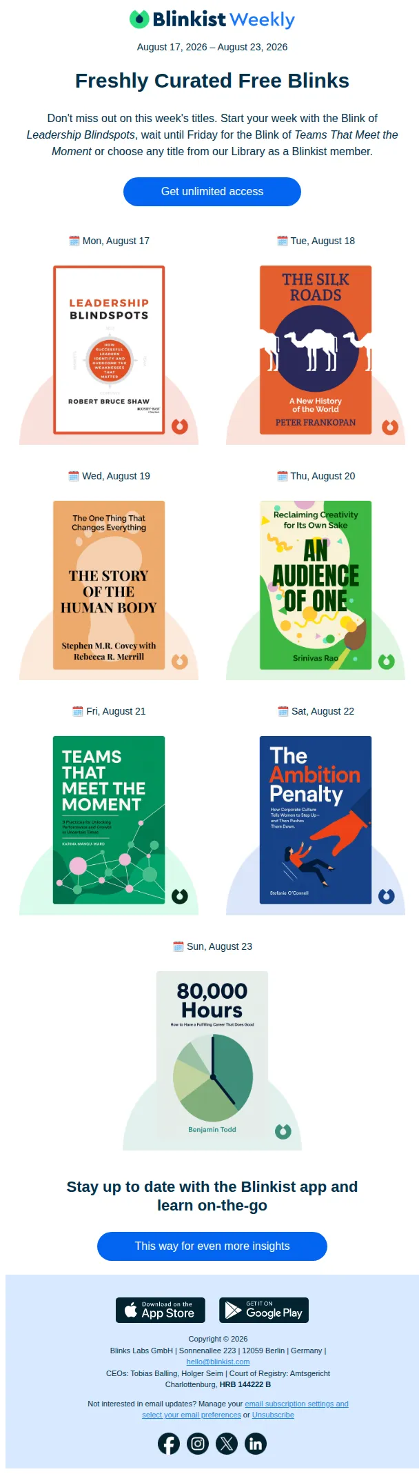Blinkist email: 🗓️ The Summary: Your free reads next week
