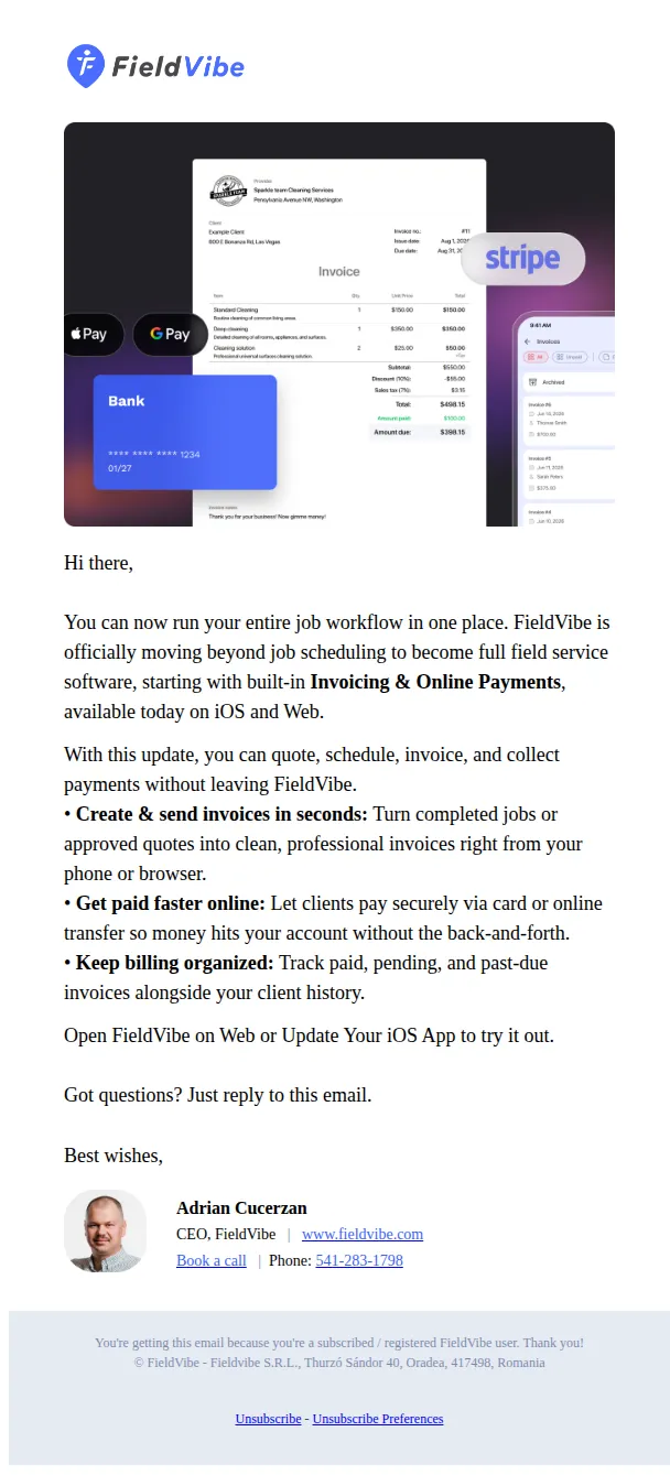 FieldVibe email: FieldVibe is now complete field service software: Invoicing & Payments are here