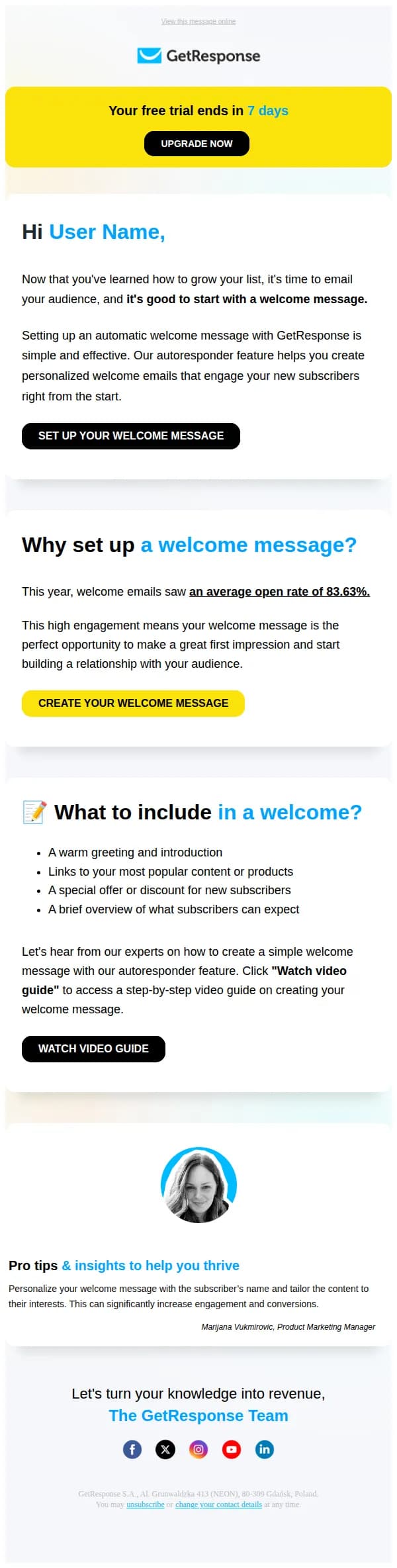 GetResponse email: Welcome emails see an 83.63% open rate—don’t miss out!