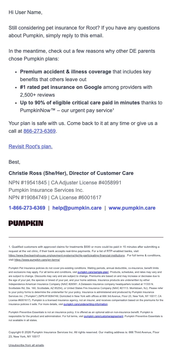 Pumpkin Pet Insurance email: Still need coverage for Root?