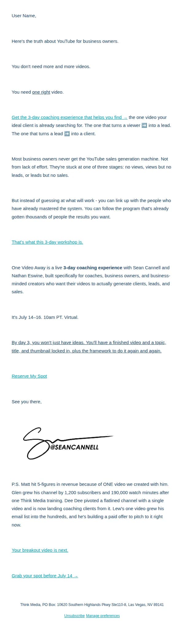 Sean Cannell at Think Media email: How just ONE video can change everything.