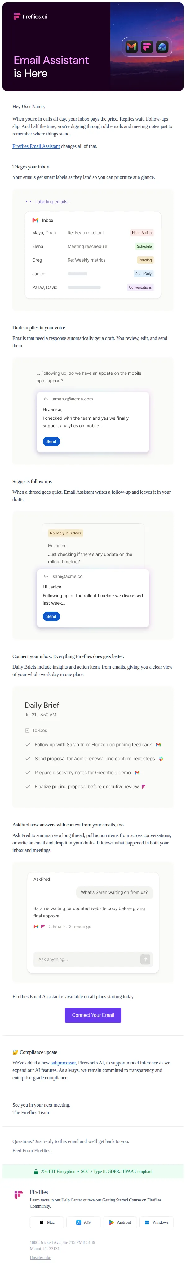 Fred from Fireflies.ai email: Fireflies now works in your inbox