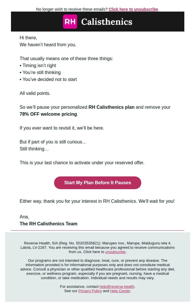 Reverse Health email: Your plan has been paused