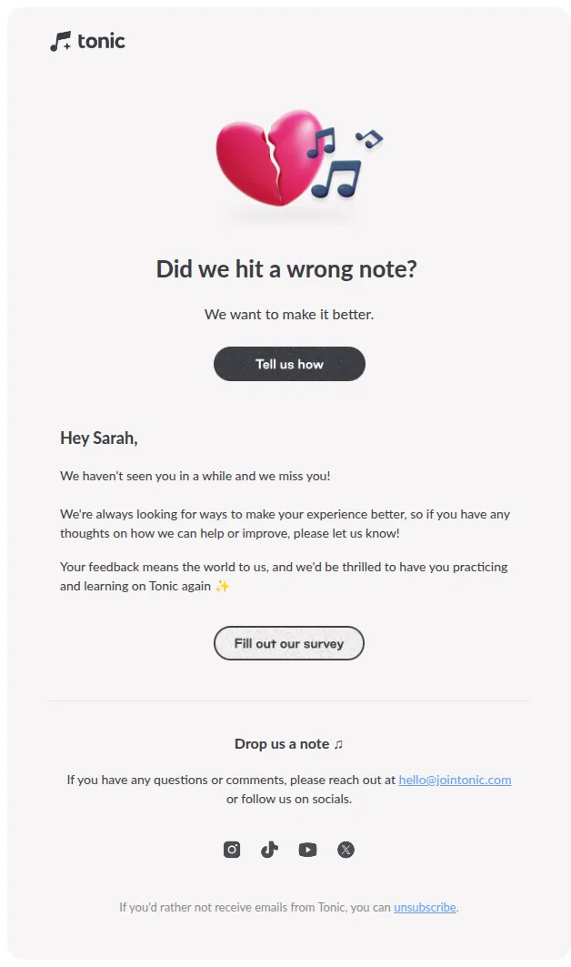 Tonic email: 🙏 Help us improve. What Tonic do for you?