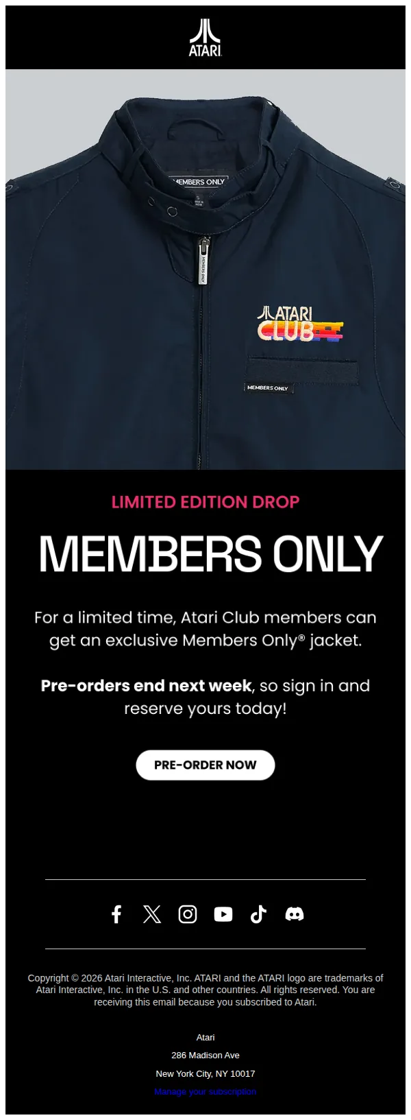 Atari email: Last Chance 🔥 Exclusive Members Only Jacket