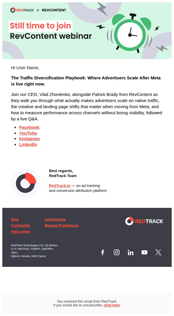 RedTrack.io email: We're live: RevContent webinar starts now