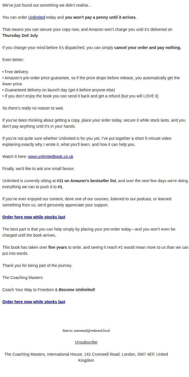 The Coaching Masters email: Reserve Unlimited. Pay Only When it Arrives