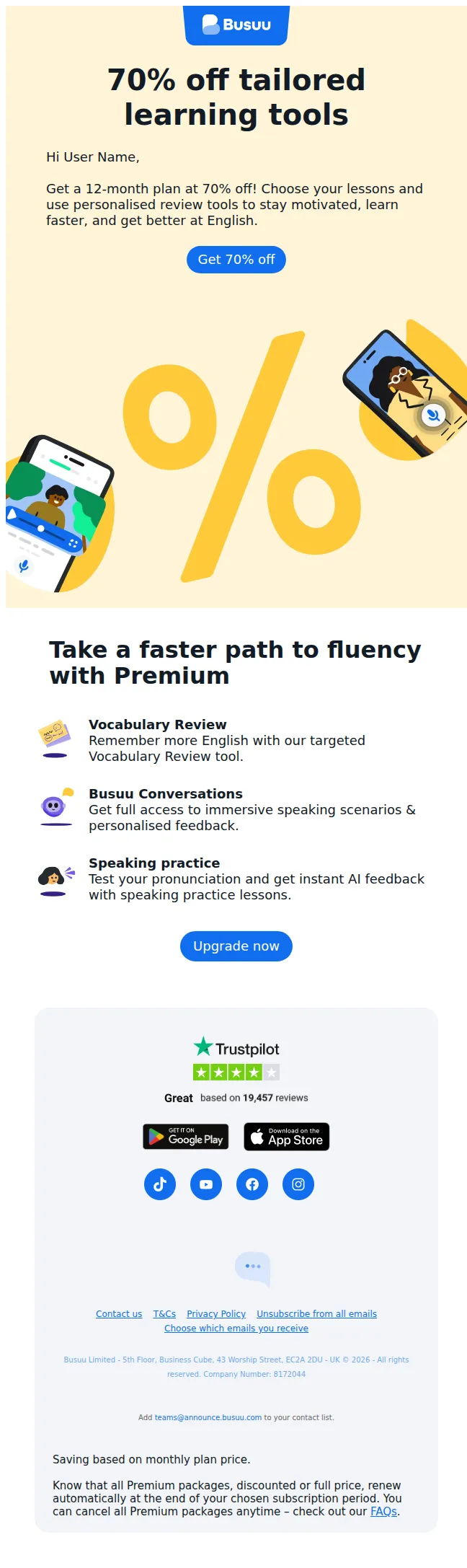 Busuu email: 70% off Busuu Premium 💥