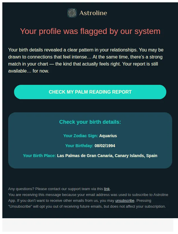 Astroline App email: ❗Your profile was flagged by our system❗