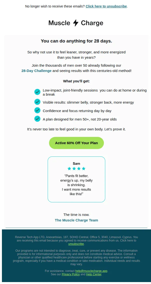 Muscle Charge email: 28 days to feel lighter and stronger!