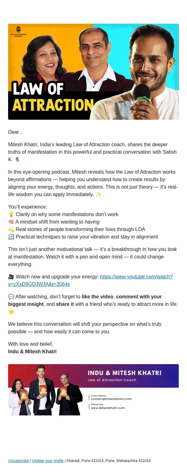 Mitesh Khatri Training LLP email: Powerful Law of Attraction Science discussion with Neurologist Sid Warrier