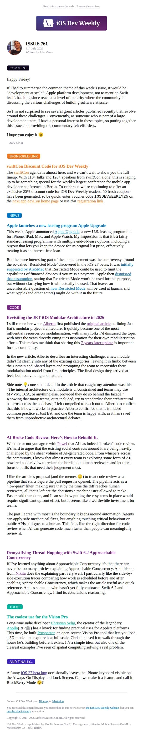 iOS Dev Weekly email: iOS Dev Weekly - Issue 761