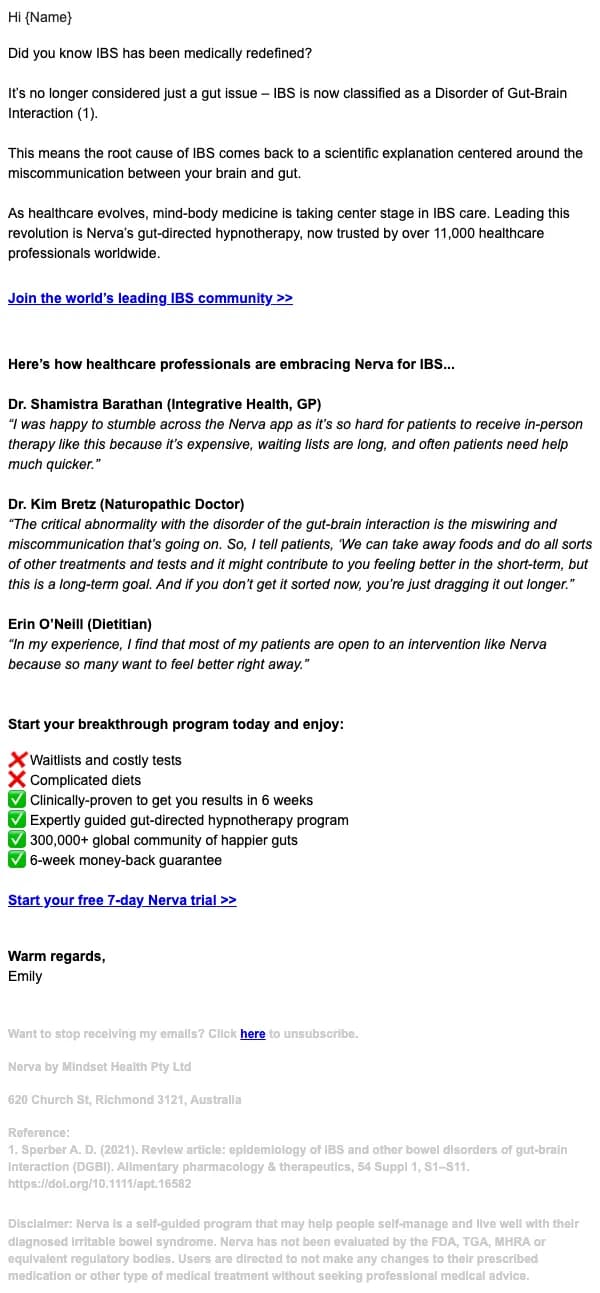 Nerva by Mindset Health email: The root cause of IBS just got medically redefined...