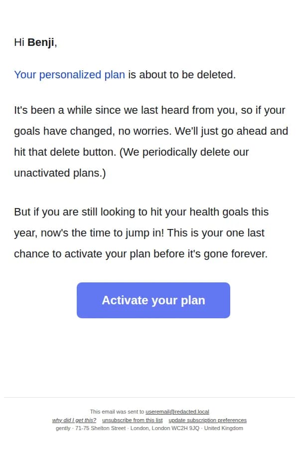 Gently email: 🚨 Your plan is about to be deleted — act now