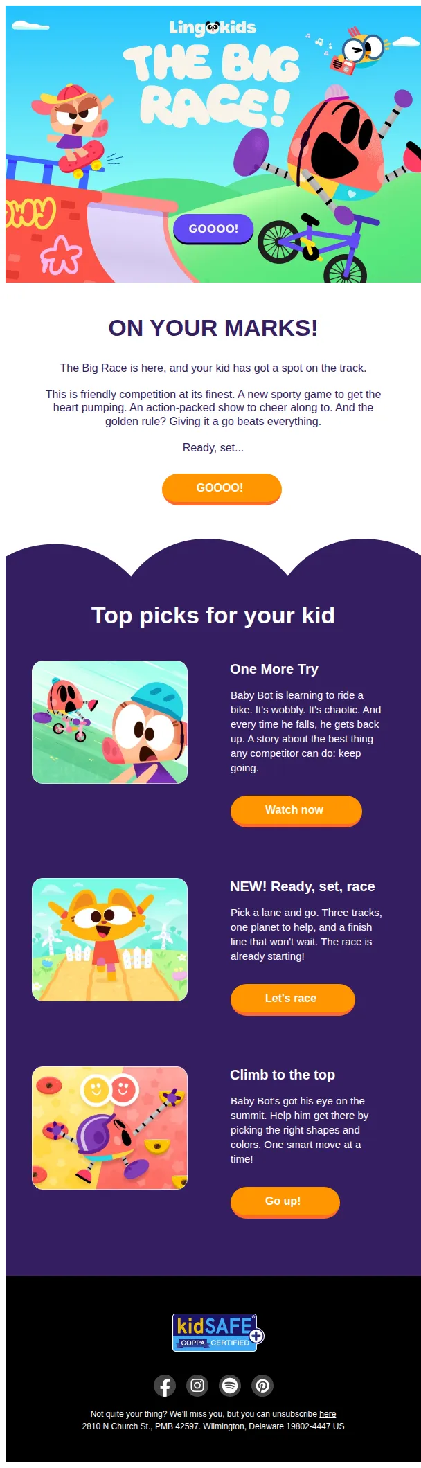 Lingokids email: The Big Race is ON 🏁