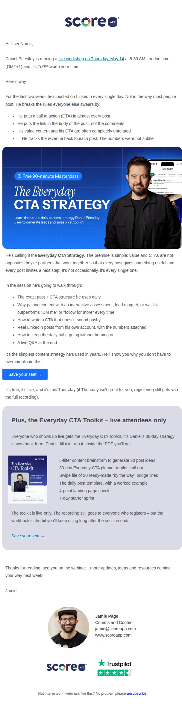 ScoreApp email: INVITE: Live webinar this Thursday with Daniel Priestley