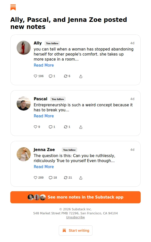 Substack email: Ally, Pascal, and Jenna Zoe posted new notes