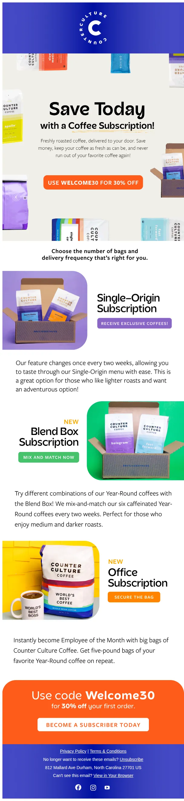 Counter Culture Coffee email: Enjoy 30% off your first subscription today