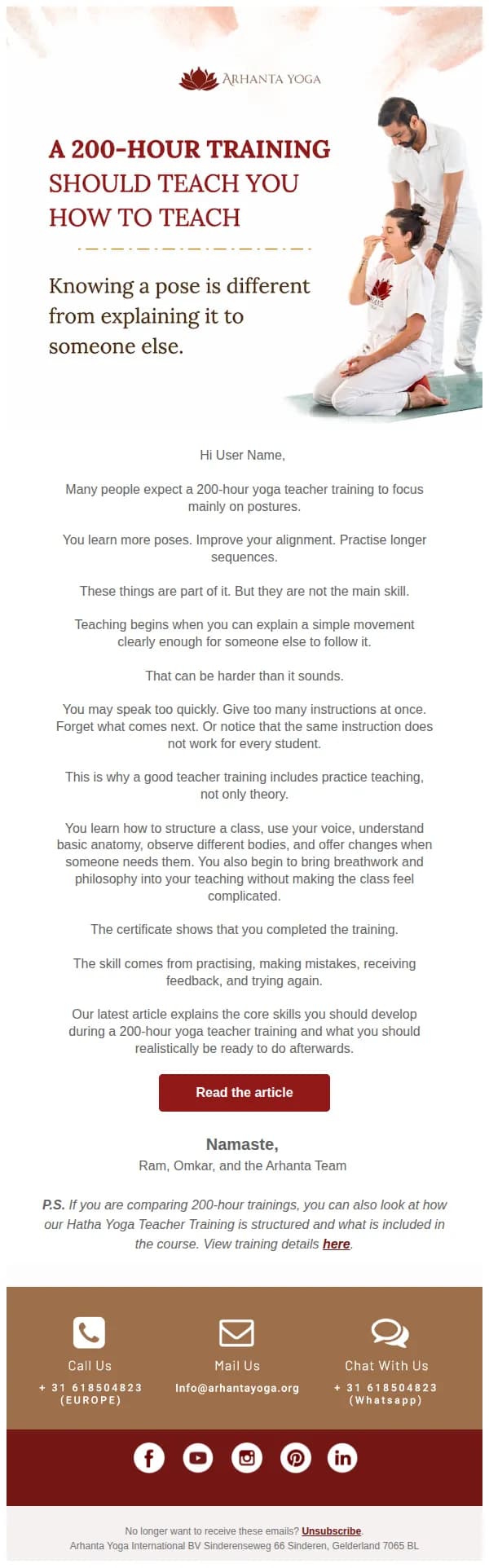 Arhanta Yoga email: A certificate is not the same as teaching skill