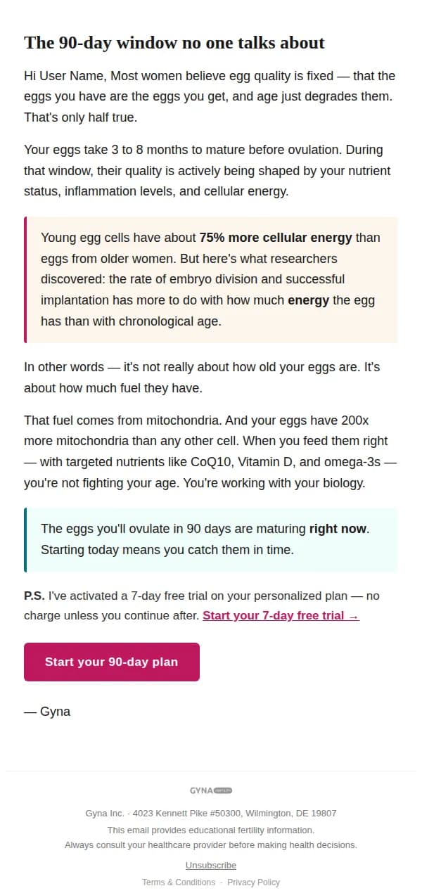 Gyna email: Your eggs aren't as old as your birthday