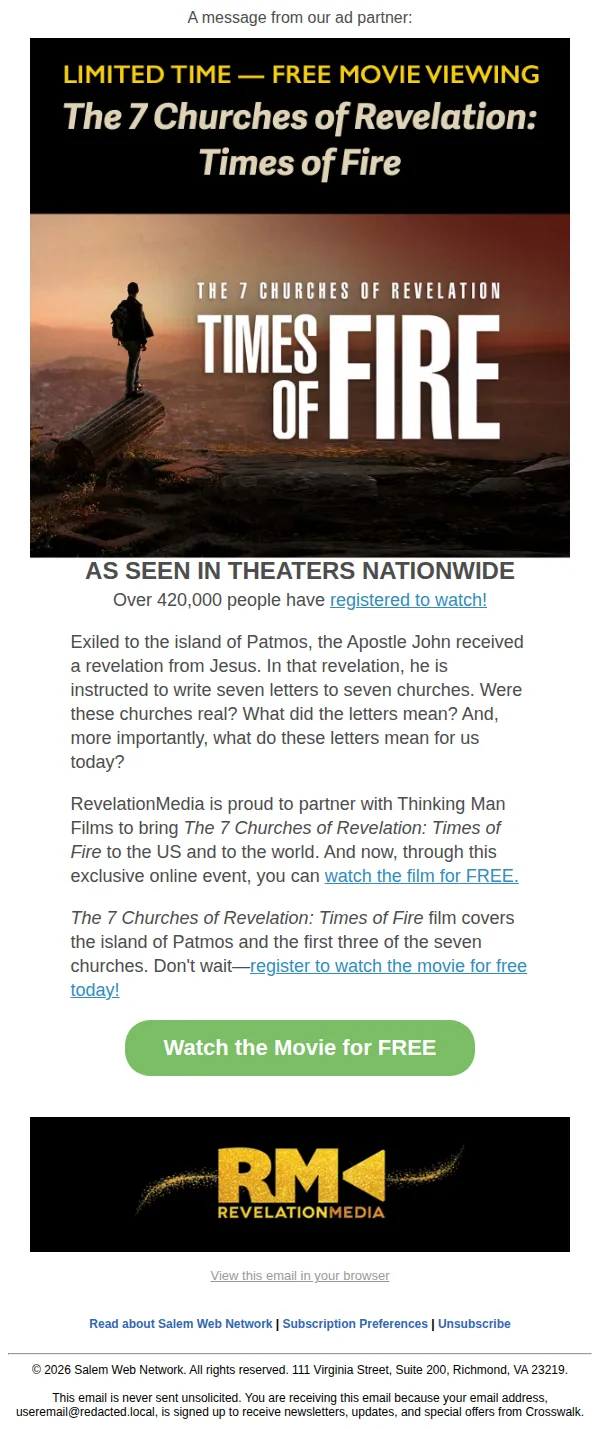 Crosswalk Presents email: Free Movie Screening - The 7 Churches of Revelation: Times of Fire