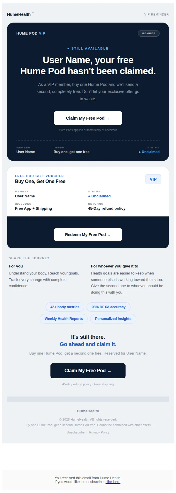 Hume Health email: Account Update: Free Hume Pod Available