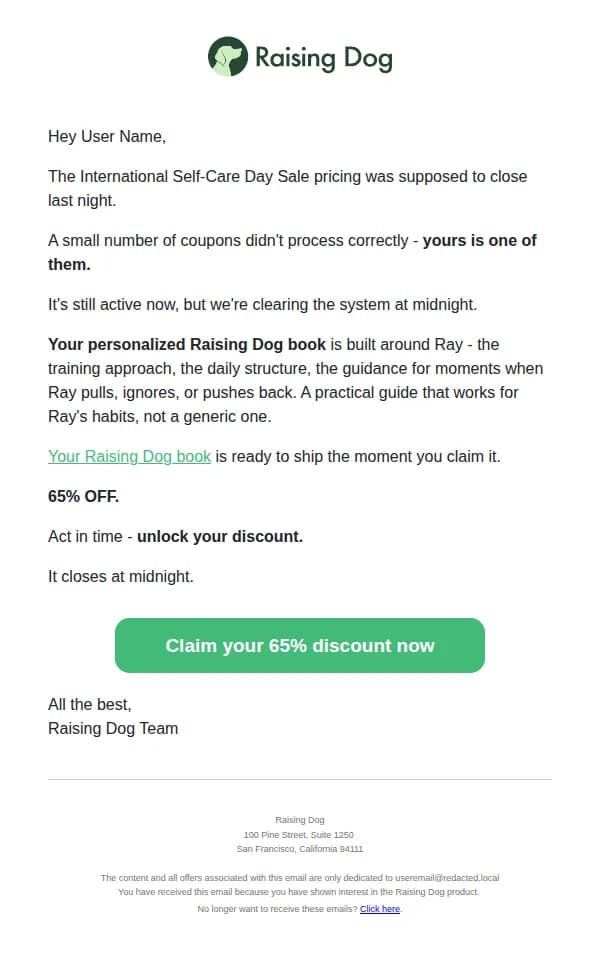 Raising Dog email: Your Raising Dog discount is somehow still active