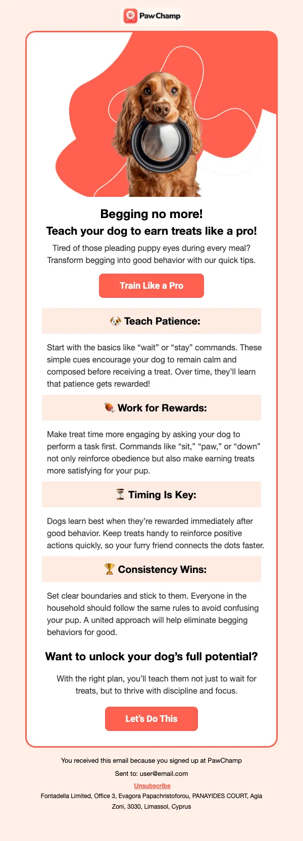 PawChamp email: Help Your dog stop begging