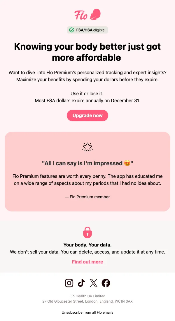Flo email: Unlock more cycle insights — use FSA/HSA funds for Flo 🎉