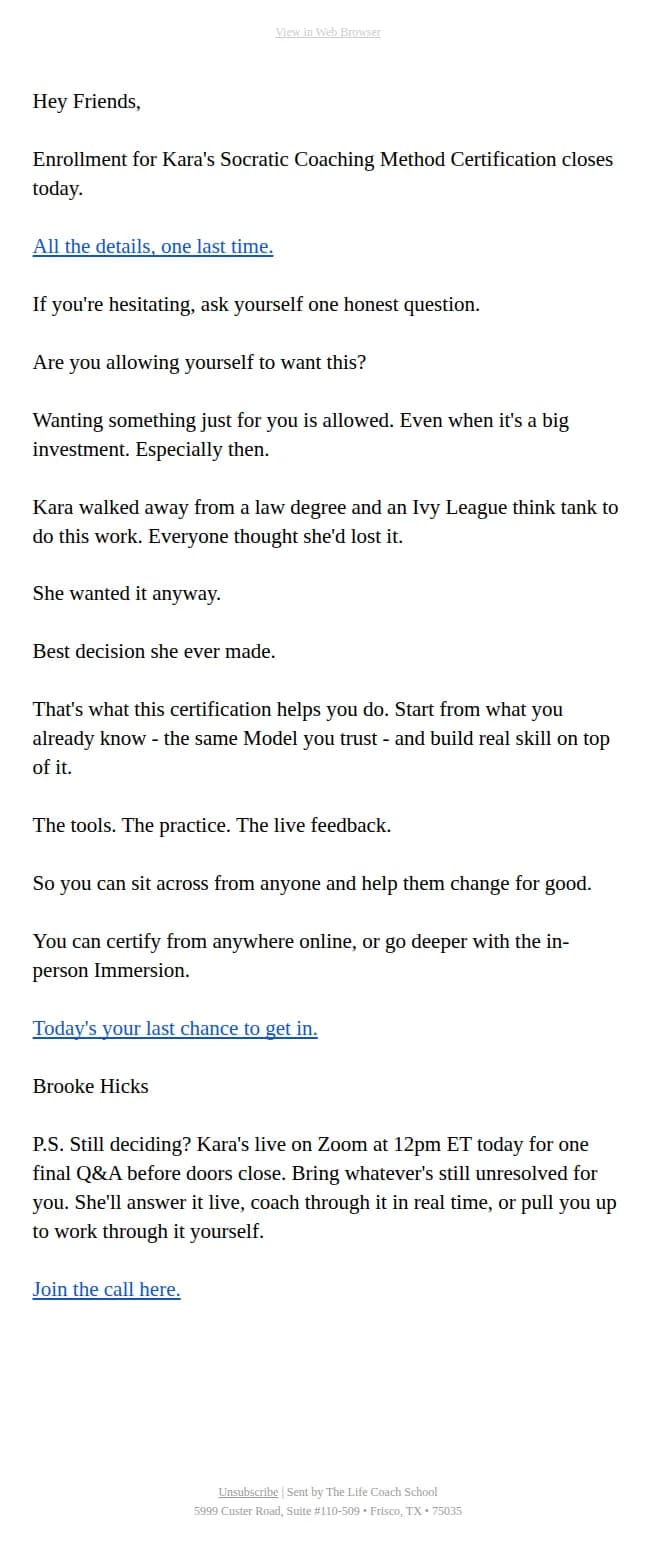 The Life Coach School email: Last call