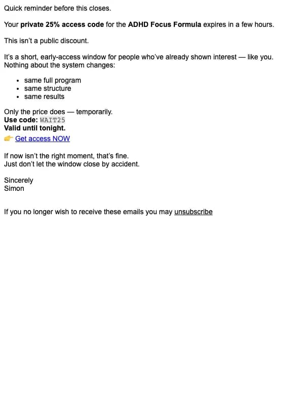 Focus Flow Labs email: Final reminder — your private code expires tonight