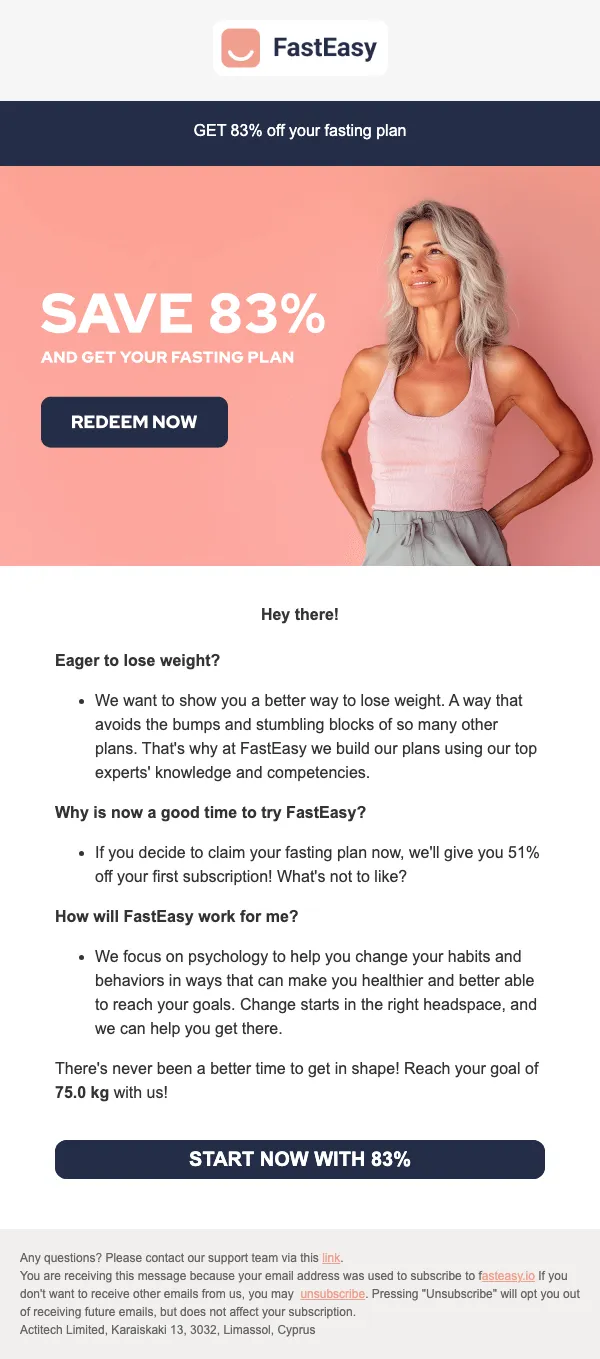 FastEasy email: Your fasting plan is updated for your dream fit body ➔