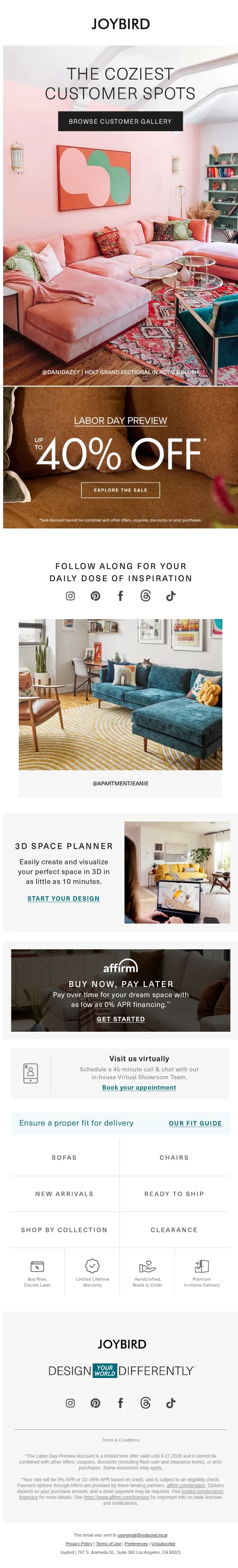 Joybird email: 🥰 This just in - inspiring customer spaces