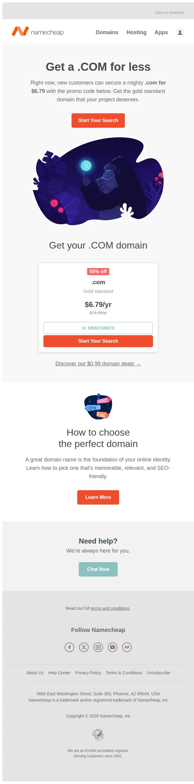 Namecheap email: Get a .COM domain for just $6.79