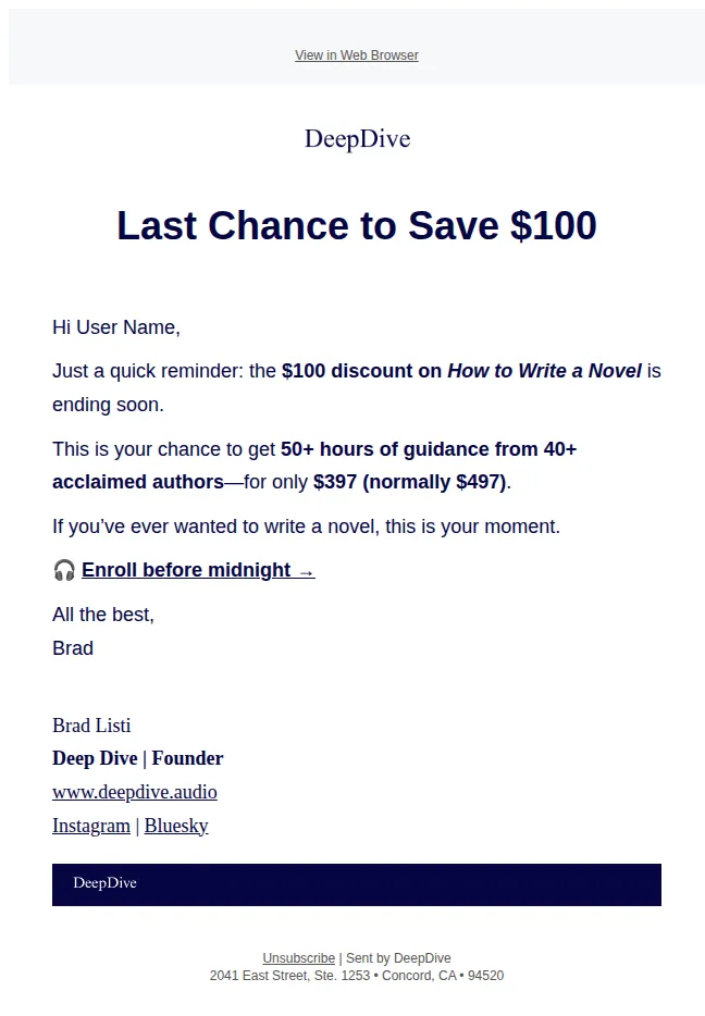 DeepDive email: Final hours to save $100