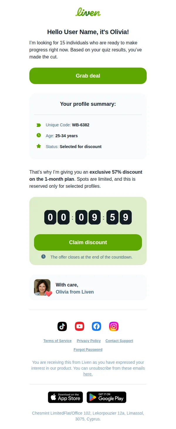 Liven email: User Name, unlock exclusive offer 🌟