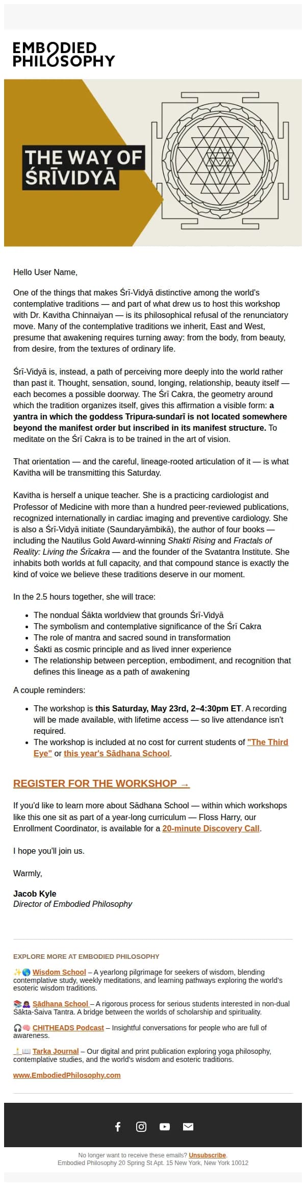 Embodied Philosophy email: SATURDAY: Śrī-Vidyā as a Path of Recognition — With Dr. Kavitha Chinnaiyan