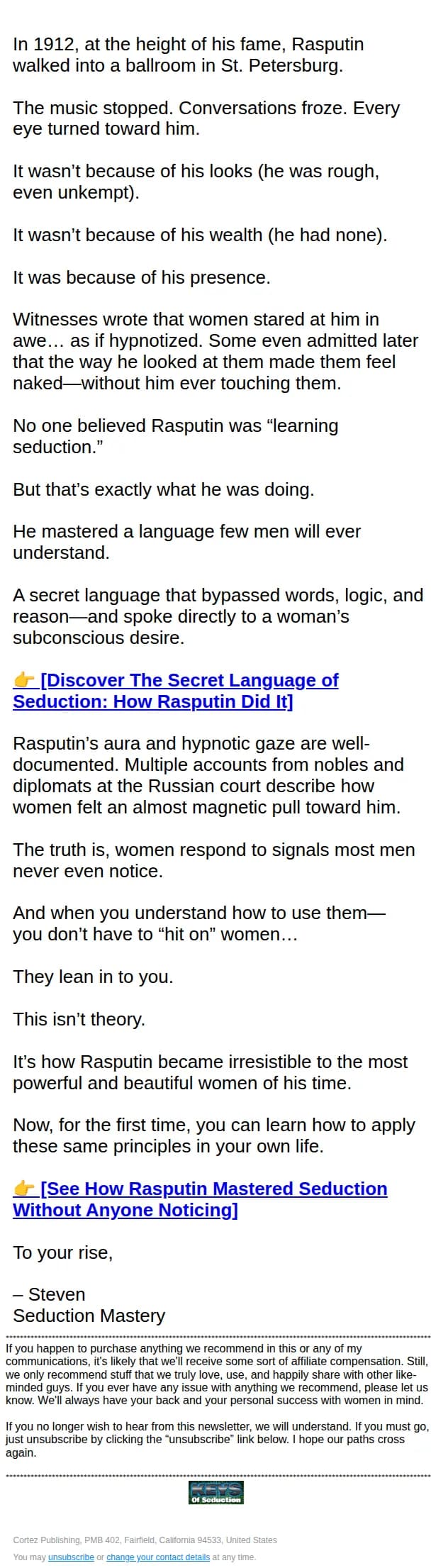 Seduction Mastery email: How Rasputin Mastered Seduction Without Anyone Noticing