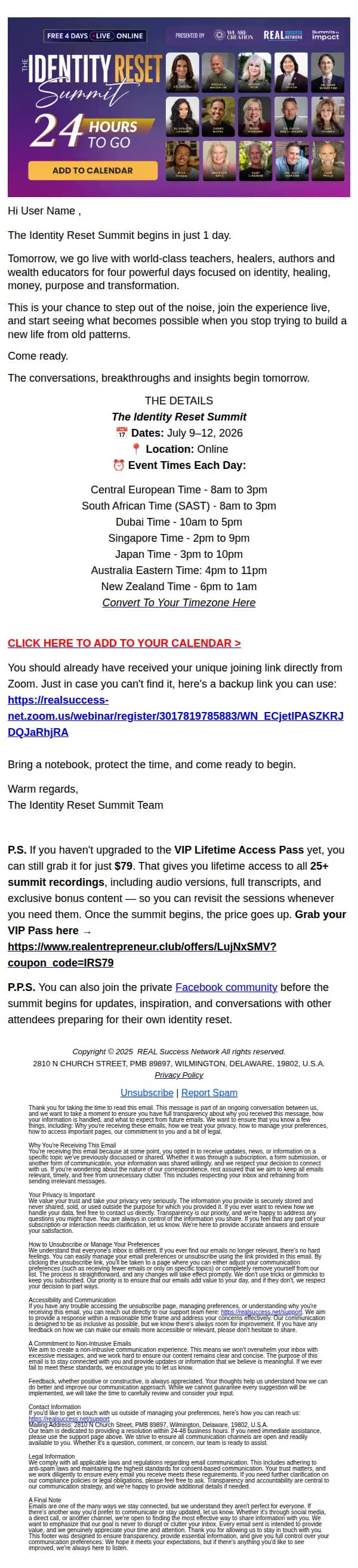 The Identity Reset Summit email: ⏳ Your Reset Begins in 24 Hours