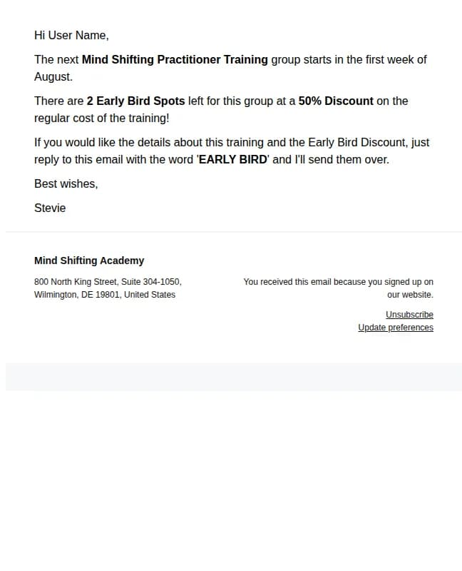 Stevie Kent email: 2 Early Bird Spots Left!