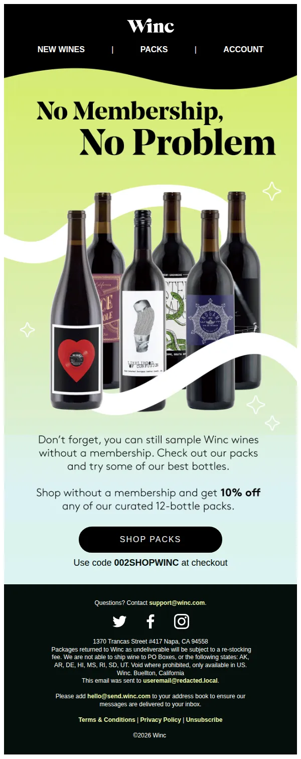 Winc email: Try Winc without the Membership