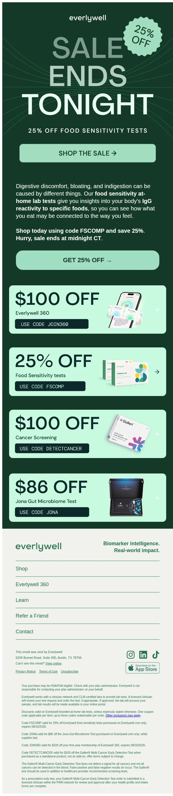 Everlywell email: Last call: 25% off food sensitivity testing ends at midnight ⌛