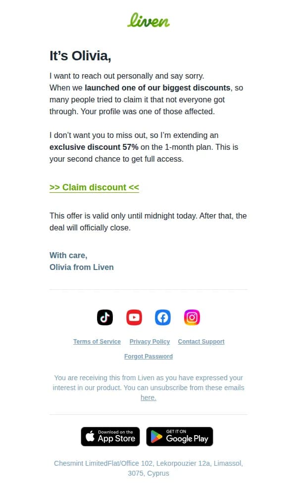 Liven email: re: my apologies