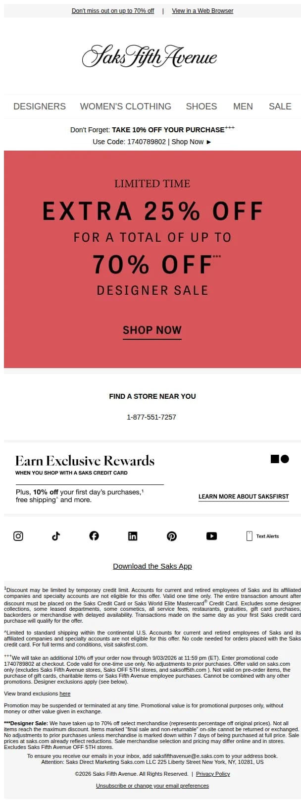 Saks Fifth Avenue email: Friendly reminder: Enjoy an extra 25% off designer styles