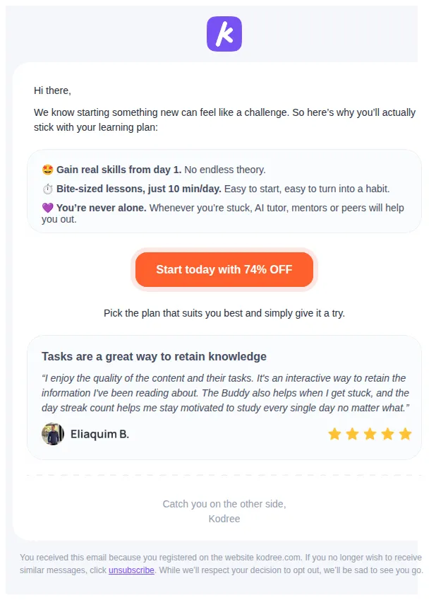 Kodree email: A course you won't drop halfway 🚀