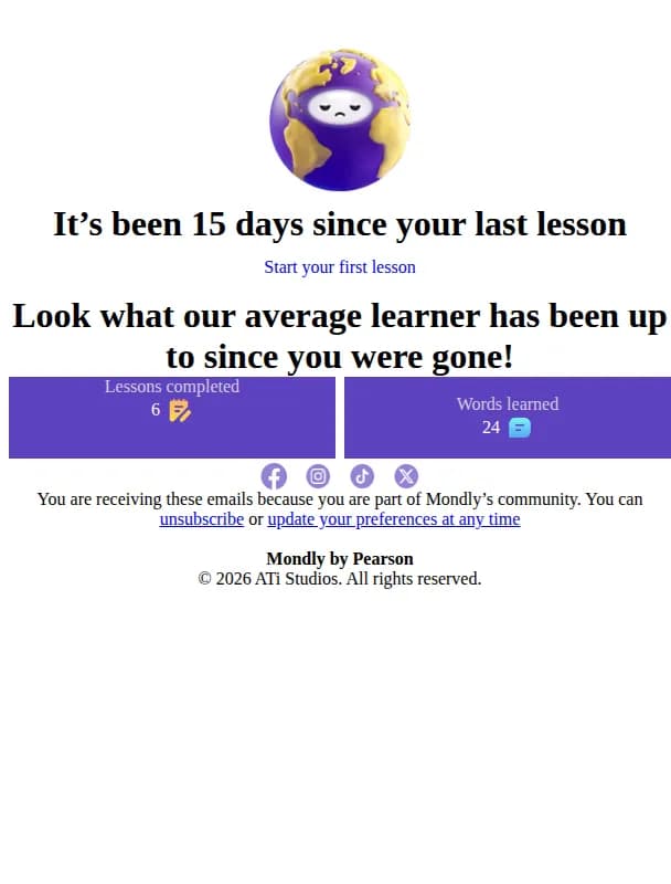 Mondly email: User Name, we miss you! Your Spanish awaits