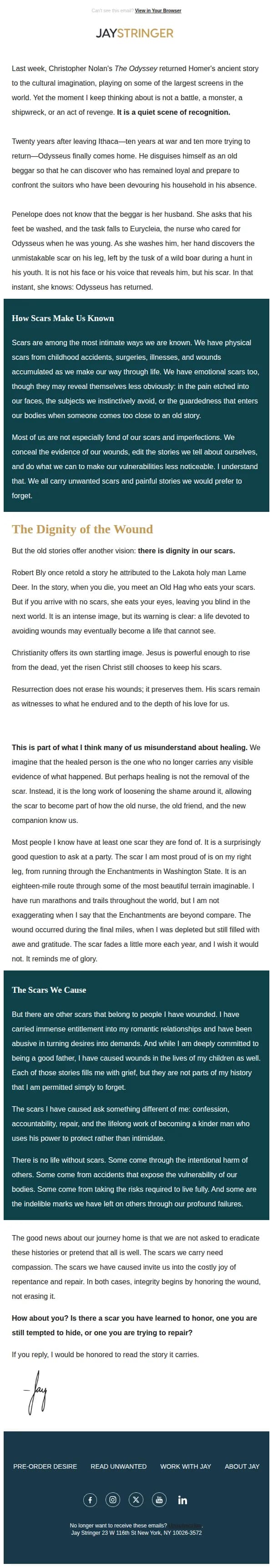 Jay Stringer email: The scar is how Odysseus is known